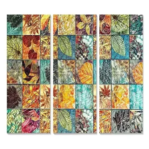Billig Canvastavla i trä 3-delar 50x70 cm - Mosaik av färgglada löv och växtdetaljer - Inredning & dekor