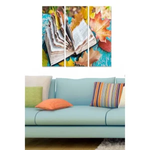 Canvastavla i trä 3-delar 50x70 cm - Öppen bok omgiven av höstlöv på en färgglad bakgrund - Inredning & dekor Nedsatt pris