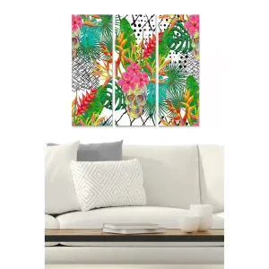 Canvastavla i trä 3-delar 50x70 cm - Färgglad dödskalle omgiven av tropiska växter och blommor - Inredning & dekor Fynd