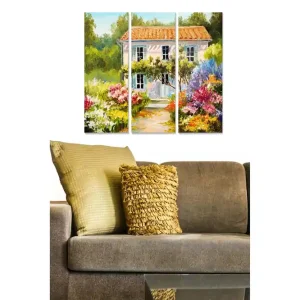 Canvastavla i trä 3-delar 50x70 cm - Vackert hus omgiven av blomstrande trädgård - Inredning & dekor Premium