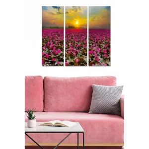 Canvastavla i trä 3-delar 50x70 cm - Fält av rosa näckrosor under en solnedgång - Inredning & dekor Populärt val