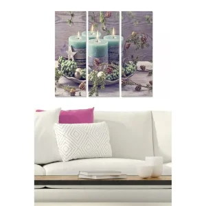 Canvastavla i trä 3-delar 50x70 cm - Stämningsfull arrangemang av ljusgröna ljus med dekorationer av gran och kottar - Inredning & dekor I lager