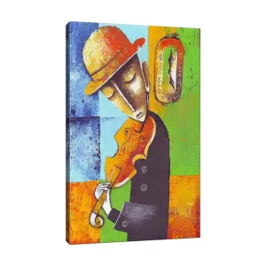 Canvastavla 70x100 cm - Musiker som spelar fiol, klädd i svart med en gul hatt, omgiven av färgglada geometriska former - Inredning & dekor Kampanjpris