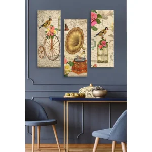 Canvastavla i trä 3-delar 50x70 cm - Vintage komposition med fåglar, blommor och gramofon - Inredning & dekor Fynd