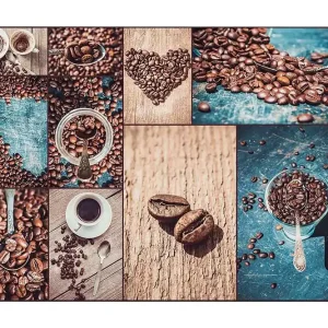 Canvastavla 70x100 cm - Collage av kaffebönor och kaffekoppar som framhäver kaffets olika aspekter och presentationer - Inredning & dekor Utförsäljning