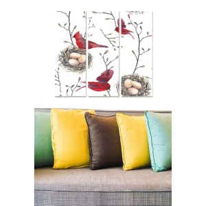 Beställ nu Canvastavla i trä 3-delar 50x70 cm - Röd fågel i en gren med ägg i boet - Inredning & dekor