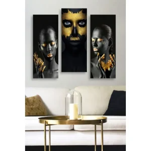 Canvastavla i trä 3-delar 50x70 cm - Tredelad porträttkomposition med ansikten i svart och guld - Inredning & dekor Säker betalning