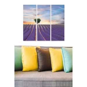 Canvastavla i trä 3-delar 50x70 cm - Lavendelfält under en solnedgång med en ensam trädkontur - Inredning & dekor Populärt val