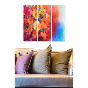 Billig Canvastavla i trä 3-delar 50x70 cm - Färgrik abstrakt komposition med blommor och geometriska former - Inredning & dekor
