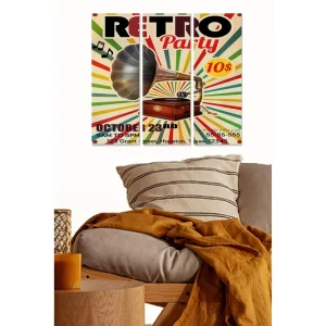 Säker betalning Canvastavla i trä 3-delar 50x70 cm - Retro affisch med en grammofon och färgglada strålar - Inredning & dekor