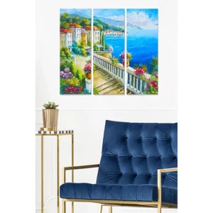 Canvastavla i trä 3-delar 50x70 cm - Vacker kustutsikt med färgglada hus och blomsterarrangemang - Inredning & dekor Erbjudande