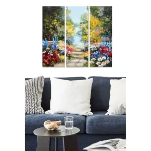 Canvastavla i trä 3-delar 50x70 cm - Vacker trädgård med färgglada blommor och en stenlagd gång - Inredning & dekor Begränsad tid