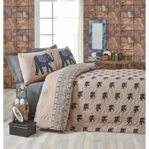 Eponj Home Överkast Dubbelt 200x220+2 Kuddfodral Quiltat Blå/Ljusbrun - Textil & mattor Fynd