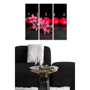 Canvastavla i trä 3-delar 50x70 cm - Vacker komposition av rosa orkidéer och röda ljus - Inredning & dekor Beställ idag