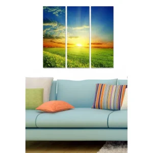 Canvastavla i trä 3-delar 50x70 cm - Solnedgång över en grön äng - Inredning & dekor Billig