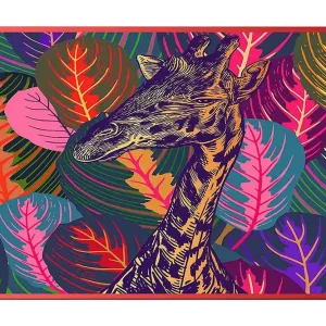 Canvastavla 70x100 cm - Stiliserad giraff omgiven av färgglada lövverk - Inredning & dekor Premium