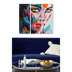 Canvastavla i trä 3-delar 50x70 cm - Färgstark porträtt av en kvinna med en uttrycksfull blick - Inredning & dekor Säker betalning