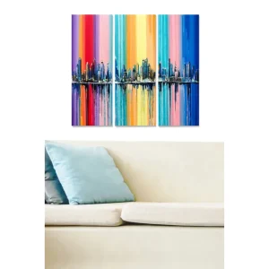Billig Canvastavla i trä 3-delar 50x70 cm - Färgglad stadsbild med horisontlinje och vertikala färgband - Inredning & dekor