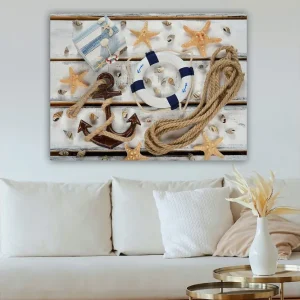 Säker betalning Canvastavla 70x100 cm - Maritimt stilleben med snäckor, stjärnformade sjöstjärnor och en livboj - Inredning & dekor