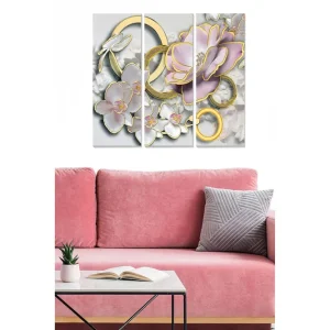 Canvastavla i trä 3-delar 50x70 cm - Elegant komposition av blommor och cirklar i mjuka toner - Inredning & dekor Kundfavorit