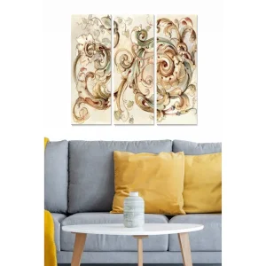 Bästa pris Canvastavla i trä 3-delar 50x70 cm - Ornamental komposition med svängda linjer och blommor - Inredning & dekor