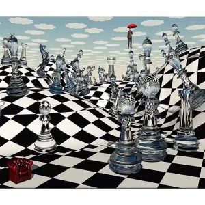 Snabb frakt Canvastavla 70x100 cm - Surrealistisk schackbräda med genomskinliga schackpjäser som sträcker sig över böljande landskap - Inredning & dekor