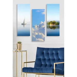 Canvastavla i trä 3-delar 50x70 cm - Segelbåt på spegelblanka vattenytor - Inredning & dekor Begränsat antal