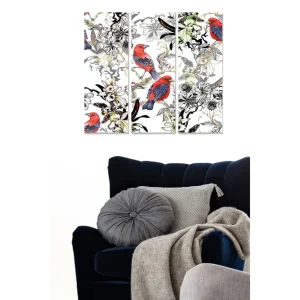 Canvastavla i trä 3-delar 50x70 cm - Färgglada fåglar bland blommor och växtlighet - Inredning & dekor I lager