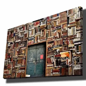 Billig Canvastavla 70x100 cm - Vägg täckt av böcker med en dörr i mitten - Inredning & dekor