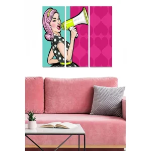 Canvastavla i trä 3-delar 50x70 cm - Kvinna med megafon i retrostil - Inredning & dekor Snabb leverans