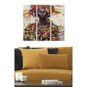 Canvastavla i trä 3-delar 50x70 cm - Porträtt av en kvinna med färgglad huvudbonad och kläder - Inredning & dekor Populärt val
