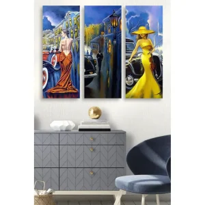 Säker betalning Canvastavla i trä 3-delar 50x70 cm - Eleganta kvinnor i färgglada klänningar framför klassiska bilar - Inredning & dekor