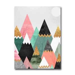 Liten Canvastavla 28x38 cm - Abstrakt berglandskap med geometriska former Svart / Mintgrön / Rosa - Inredning Snabb frakt