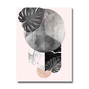 Sänkt pris Liten Canvastavla 28x38 cm - Abstrakt komposition med geometriska former och växtmotiv Svart / Grå / Rosa - Inredning
