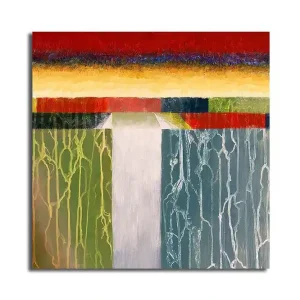 Canvastavla 45x45 cm - Abstrakt landskap med färgglada horisonter och vertikala linjer Röd / Grön / Blå - Inredning Extra rabatt