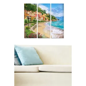 Canvastavla i trä 3-delar 50x70 cm - Vacker kustlinje med färgglada hus och strand - Inredning & dekor Populärt val
