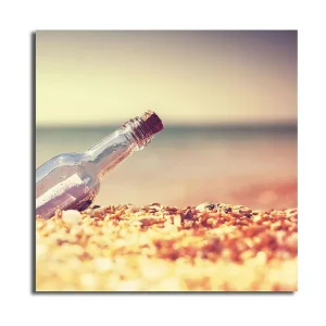 Trygg betalning Canvastavla 45x45 cm - Flaska på sandig strand med hav i bakgrunden Transparent / Beige / Blå - Inredning