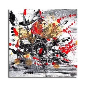 Canvastavla 45x45 cm - Abstrakt komposition med blommor och färgstarka inslag Röd / Svart / Guld - Inredning Snabb leverans