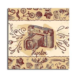 Snabb frakt Canvastavla 45x45 cm - Retro kamera med hipster-element i bakgrunden Beige / Brun / Röd - Inredning