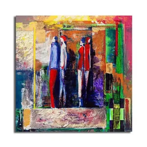 Bästa pris Canvastavla 45x45 cm - Abstrakt komposition med stiliserade mänskliga figurer Röd / Blå / Grön - Inredning