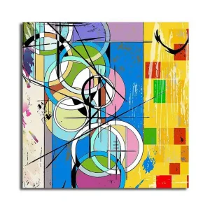 Canvastavla 45x45 cm - Abstrakt komposition med cirklar och geometriska former Blå / Gul / Grön - Inredning Sista chansen