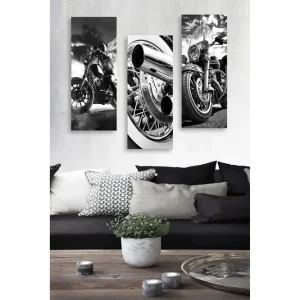 Canvastavla i trä 3-delar 50x70 cm - Svartvita motorcyklar i dynamisk komposition - Inredning & dekor Rabatt