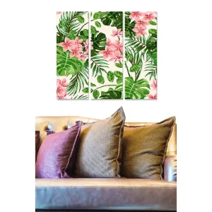 Canvastavla i trä 3-delar 50x70 cm - Tropisk växtkomposition med rosa blommor och gröna blad - Inredning & dekor Sänkt pris