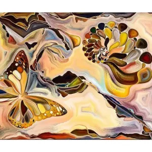 Canvastavla 70x100 cm - Färgglad fjäril som svävar över en spiralformad struktur i mjuka, organiska former - Inredning & dekor Erbjudandepris