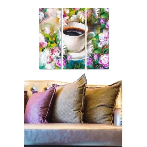 Canvastavla i trä 3-delar 50x70 cm - Kopp med kaffe omgiven av färgglada blommor - Inredning & dekor Trygg betalning