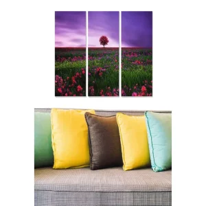 Canvastavla i trä 3-delar 50x70 cm - Ensam rosa träd i en blomstrande äng under en lila himmel - Inredning & dekor Begränsad tid