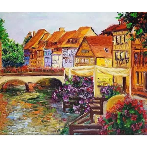Snabb leverans Canvastavla 70x100 cm - Pittoresk kanal med färgglada hus och blommor som pryder kanten - Inredning & dekor
