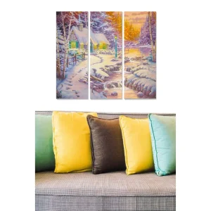 Canvastavla i trä 3-delar 50x70 cm - Vinterlandskap med en stuga omgiven av snö och träd - Inredning & dekor Expressleverans