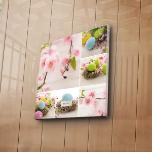 Extra rabatt Canvastavla 45x45 cm - Pastellfärgad påskkomposition med blommor och ägg Rosa / Grön / Blå - Inredning