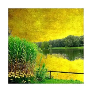 Canvastavla 45x45 cm - Lummig sjölandskap med grön vegetation och blommor i förgrunden Gul / Grön - Inredning Billig